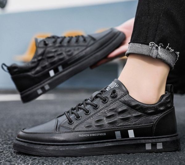 靴 【26cm】【 s33 】黒 メンズ ローカット PUレザー スニーカー クロコダイル風 クロコ 型押し シューズ スポーツ カジュアル シンプル拍卖