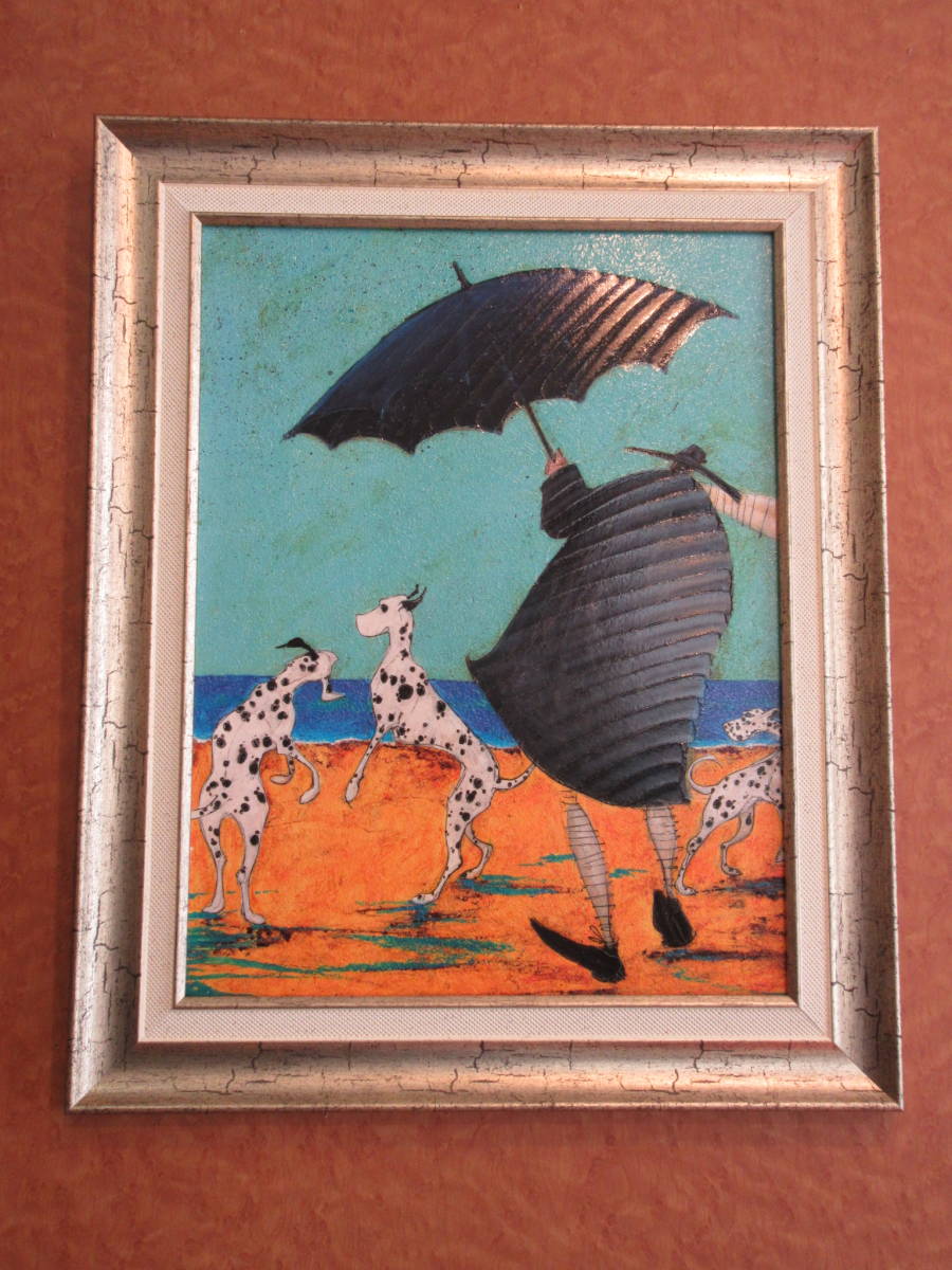 W39.5×H48.5cm 癒し 絵 絵画●サムトフト アートフレーム「ジャックの海岸で」●ダルメシアン 犬【 動物&癒しアート】 樹脂フレーム拍卖