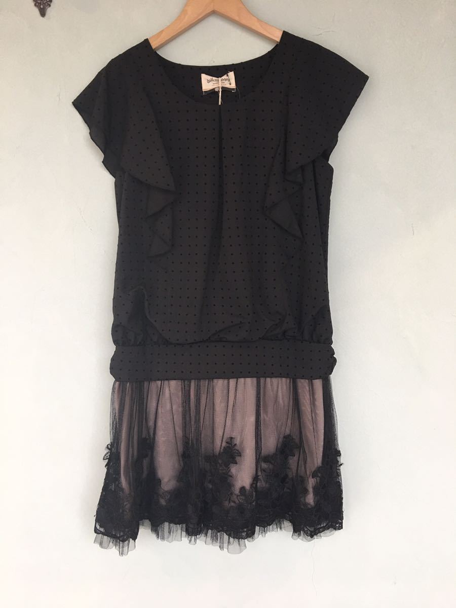【新品未使用】dollupoops ドールアップウップス ワンピース ドレス ブラック 黒 ドット レース お花 ノースリーブ パーティー 二次会拍卖