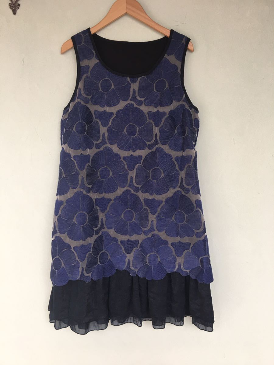 【新品未使用】parler.de パルレドゥ ワンピース ドレス ネイビー 花柄 刺繍 ノースリーブ パーティー 二次会 結婚式 お呼ばれ 謝恩会拍卖