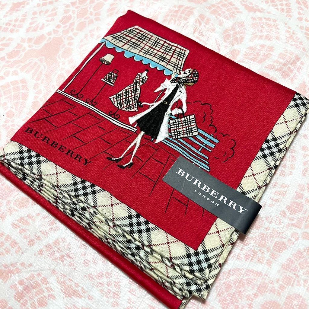 【激レア】新品/BURBERRY/女の子/大判ハンカチ/正規品/綿100%/未使用/匿名発送/バーバリー/ノバチェック/女性/スカーフ/赤/刺繍/バッグ柄拍卖
