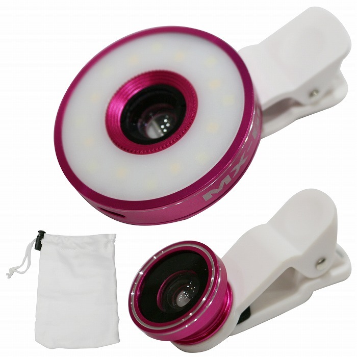 自撮り用 LEDライト レンズキット クリップ式 3段階調整 ピンク 【セルカレンズ 魚眼レンズ 広角レンズ マクロ】拍卖