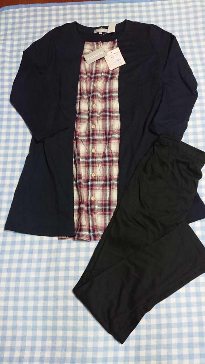 〇♪P409☆未使用・保管品☆裏起毛ネル格子レイヤードルームウエア 紺L拍卖