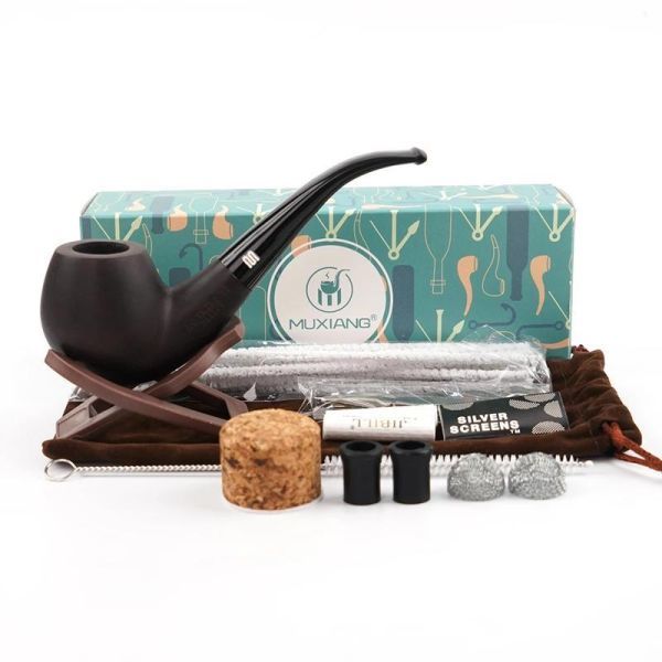 CA003:エボニー-タバコパイプ 10種類の掃除器具 9mmフィルター 黒い木のパイプ 湾曲したハンドル拍卖