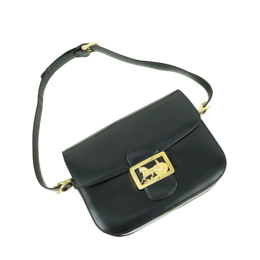良品 セリーヌ ブラック レザー 馬車金具 ショルダーバッグ (01425)拍卖