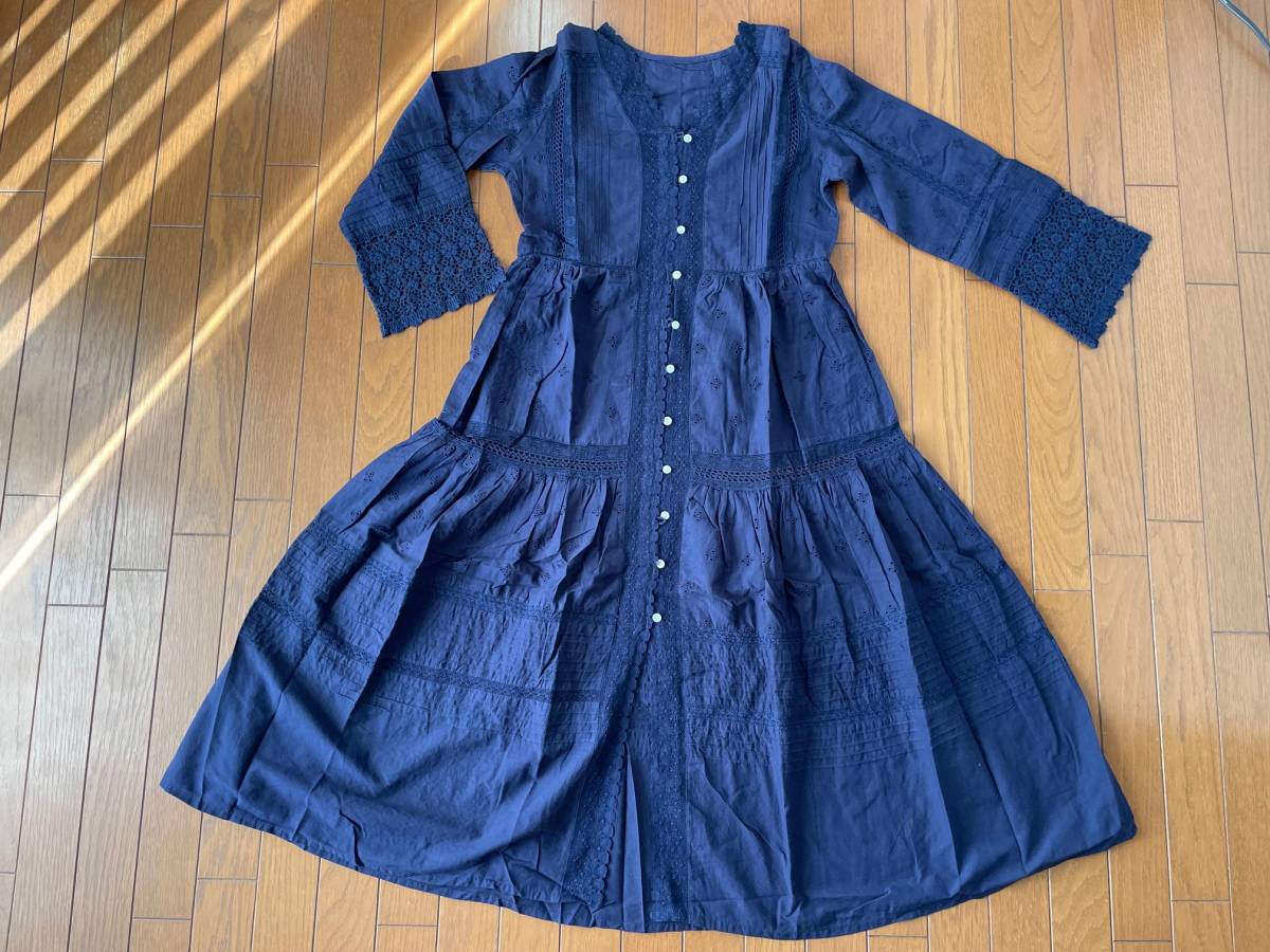 ★レディス 前開きピンタック×レース付きワンピース★ネイビー拍卖