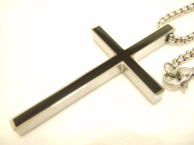 横浜最新 魅惑のクロス十字架♪黒/鏡面シルバー リバーシブル ステンレスペンダント&ステンレスチェーン60cm 送料220円ξbalnξξ37拍卖