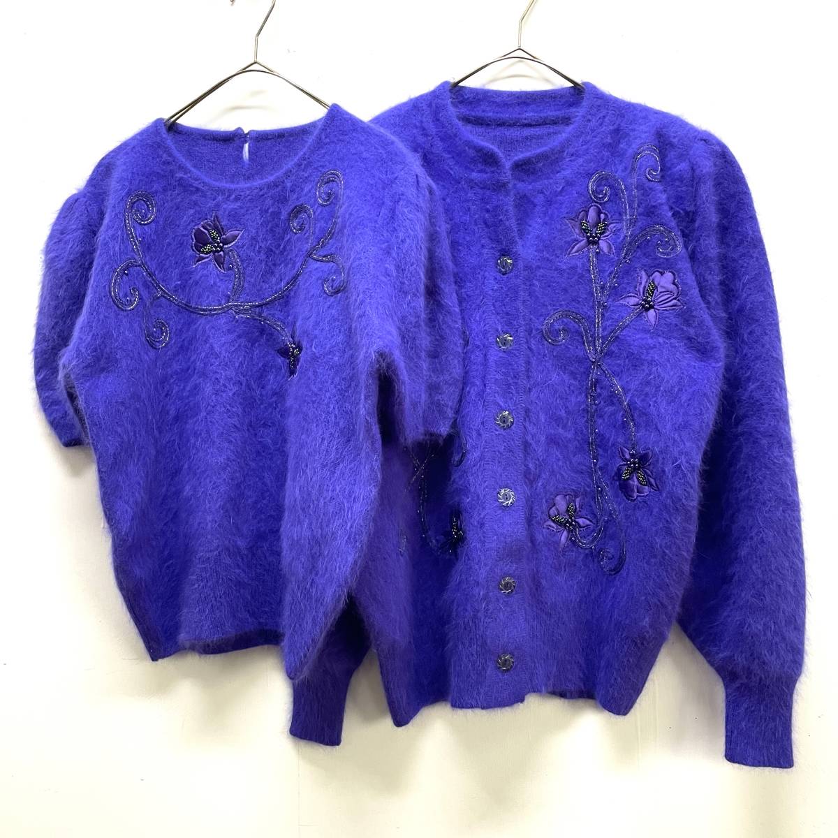 ☆2点おまとめ アンゴラ混 2ピース アンサンブル 花柄刺繍 ビーズ装飾 半袖ニット 長袖カーディガン パープル 紫【送料一律/同梱可能】F拍卖