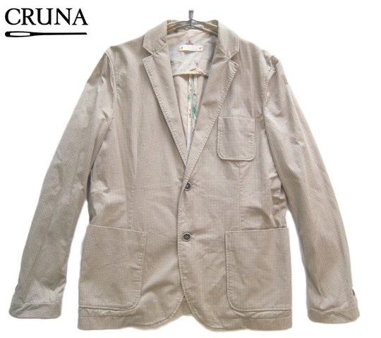 美品イタリア製!!クルーナ CRUNA*チェック柄ストレッチコットン2つボタンジャケット 46 実寸M ベージュ 定価6万拍卖