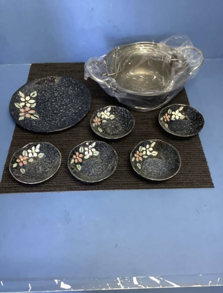 M67★岐阜発 天ぷら鍋 / 鮮味亭 / 天ぷら鍋料理揃 / 幅23cm / 高さ8cm / 皿1客 / 小皿5客 / セット★拍卖