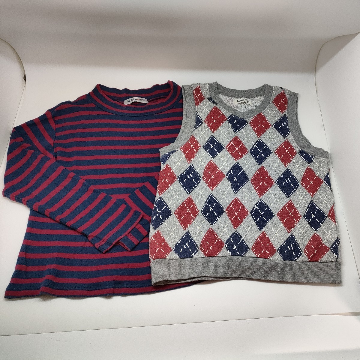 130サイズ 2枚セット グレースウェットベスト ボーダー長袖Tシャツ ハイネック カットソー 男の子 子供服 まとめて拍卖