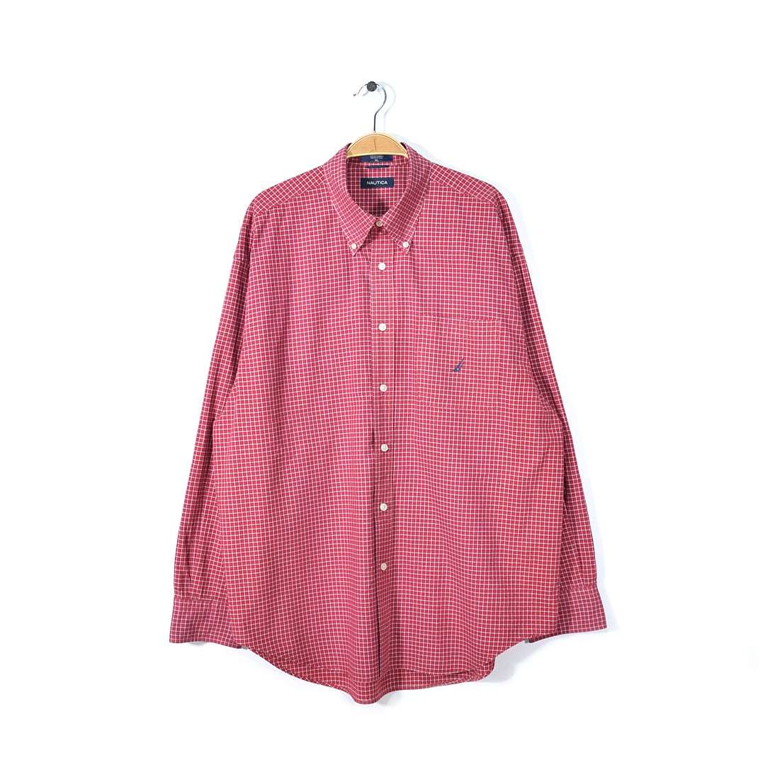 【送料無料】ノーティカ ボタンダウンシャツ ワンポイントロゴ 赤チェック 長袖シャツ NAUTICA メンズXL アメカジ 古着 @CA1265拍卖