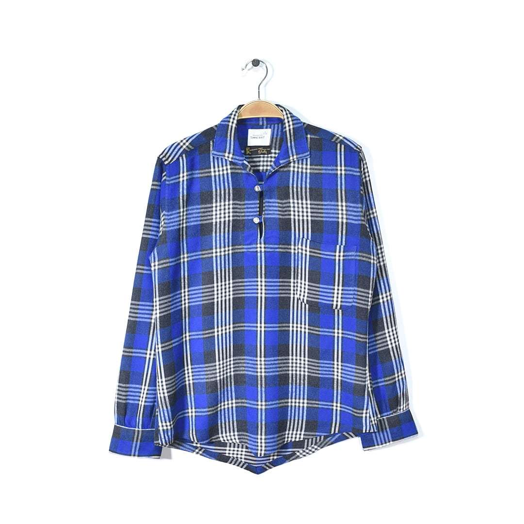 【送料無料】60s ペニーズ タウンクラフト プルオーバー ヴィンテージウールシャツ 青黒チェック PENNEY'S TOWNCRAFT サイズS 古着 @CA1295拍卖