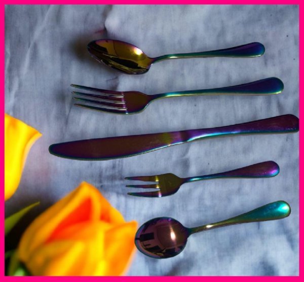 【送料無料:選べる カトラリー:3本】★美しい虹色に輝く,オーロラ★スプーン:21cm・フォーク:21cm・ステーキ ナイフ:23cm★No3 S拍卖