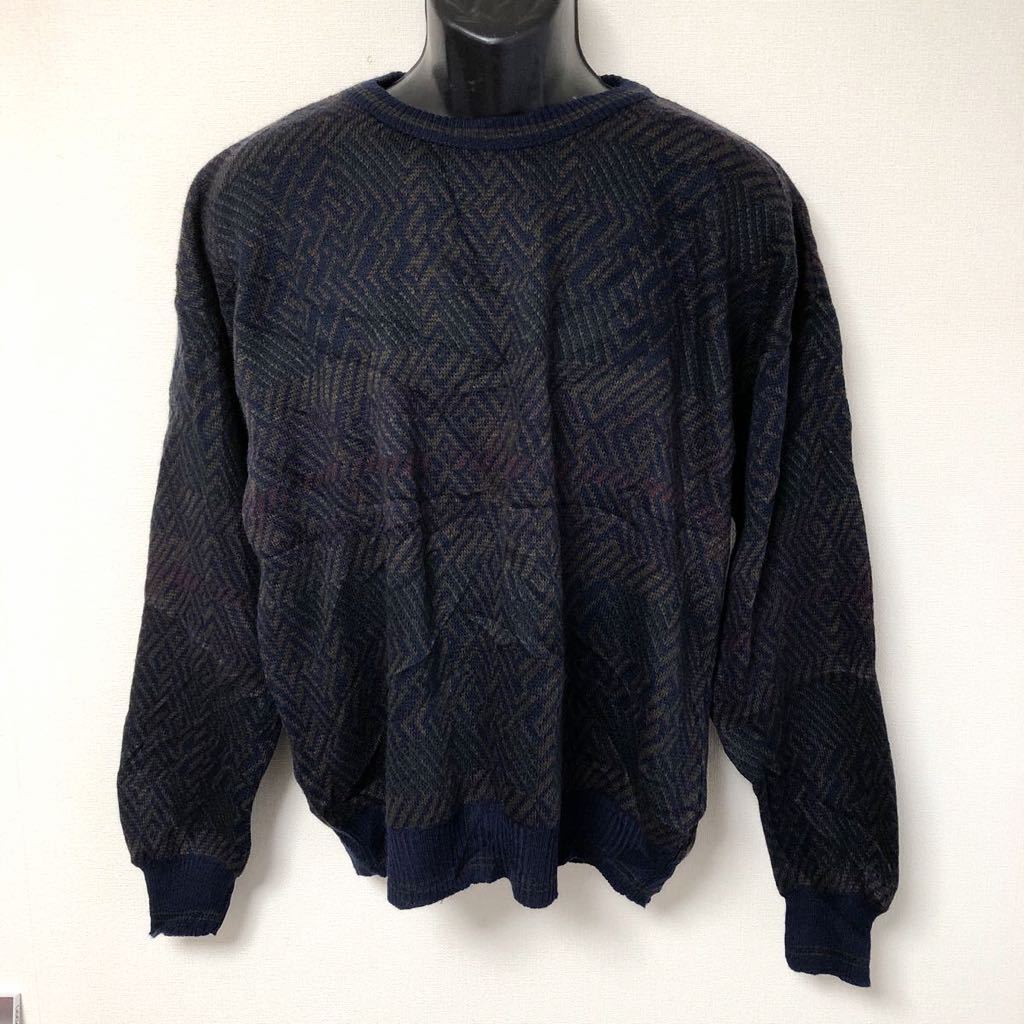 90's /BRANDINI /LE COLLEZIONI /メンズM 長袖 ニットセーター トップス 総柄 幾何学 ウール混 リブ袖 紳士 男性 お洒落 ビンテージ古着拍卖