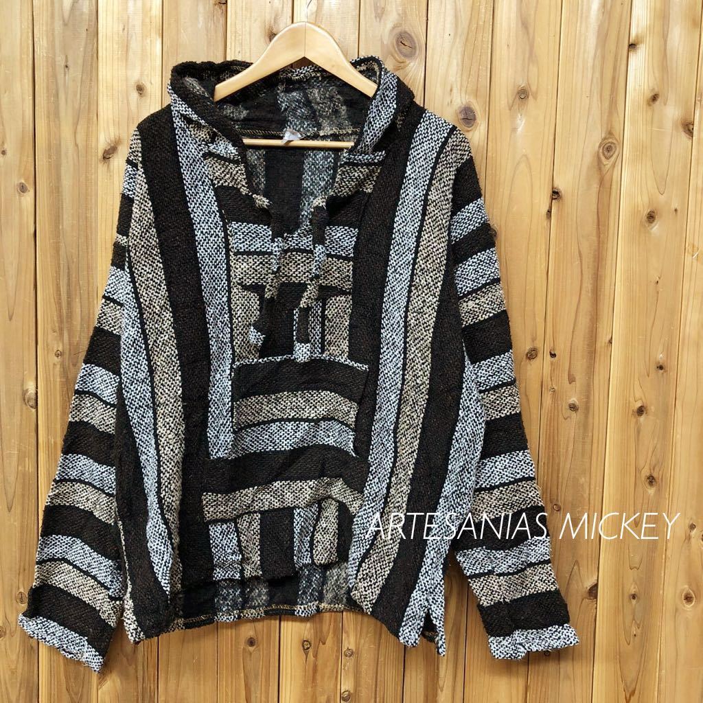 ARTESANIAS MICKEY /メキシコ製 /メンズLメキシカンパーカー トップス フーディー 民族 ストライプ柄 ブラウン系 アメカジ USA古着拍卖