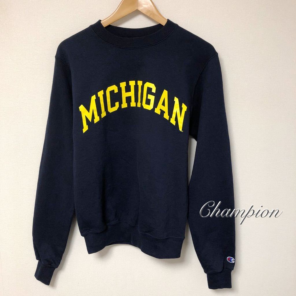 Champion /チャンピオン /メンズXS 長袖 スウェット トレーナー トップス 裏起毛 ネイビー BIGロゴ MICHIGAN アメカジ USA古着拍卖