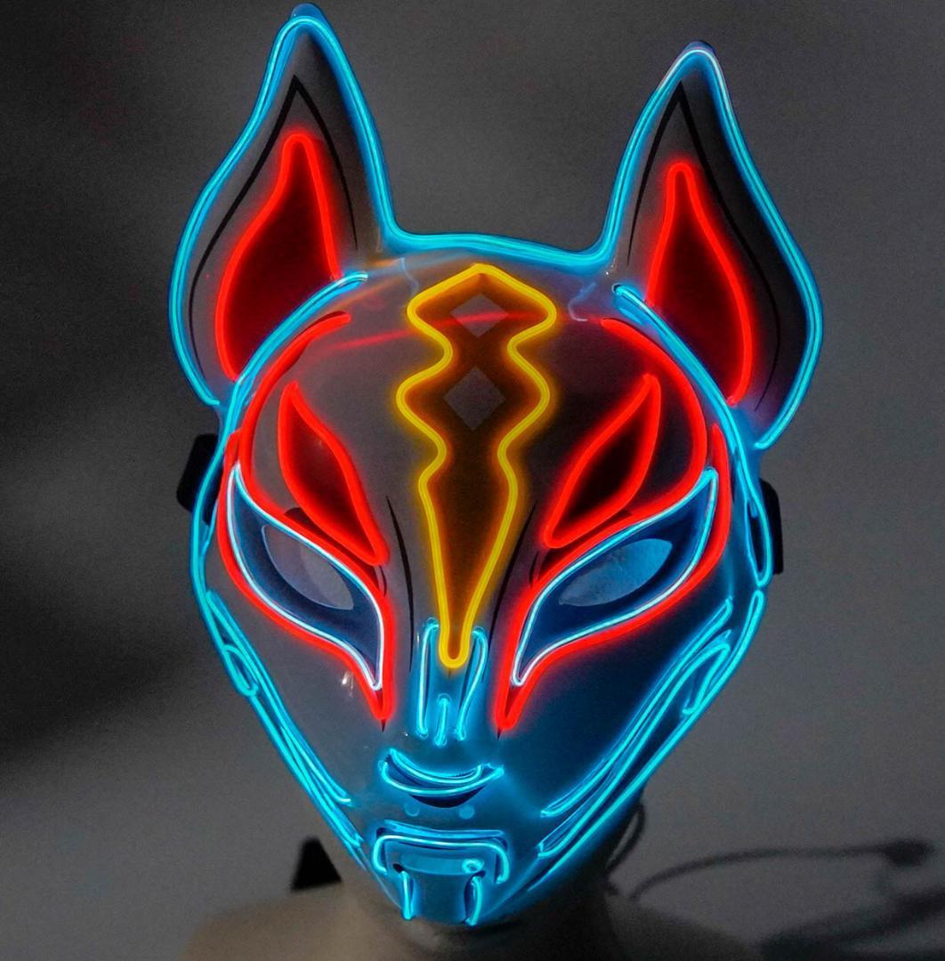 キツネ 光る LED お面 きつね仮面 天狐 水赤黄光【現物撮影】拍卖