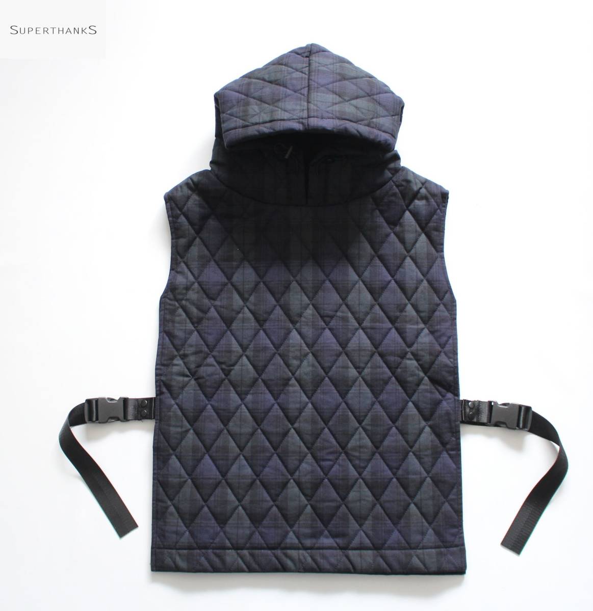 【 SUPERTHANKS スーパーサンクス 】中綿 キルティング フーディ ベスト S ST193 JK006 定価¥14,080 タータンチェック ブラックウォッチ拍卖