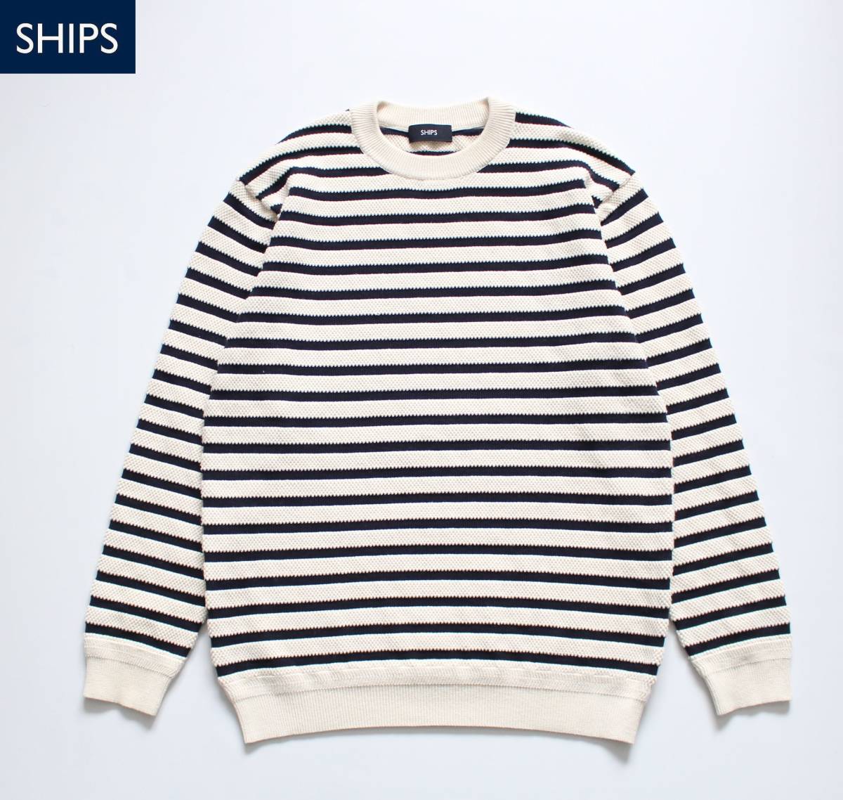【 SHIPS シップス 】ボーダー CORDURA ピケ クルーネック ウォッシャブル ニット セーター S コーデュラ 116-00-0077 定価\12,980 マリン拍卖