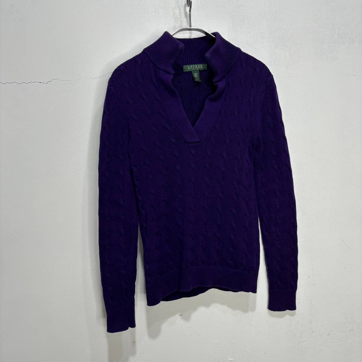 送料無料☆RalphLauren☆ラルフローレン☆Vネックセーター☆コットンニット☆ケーブルニット☆パープル☆レディースXS☆A24M拍卖