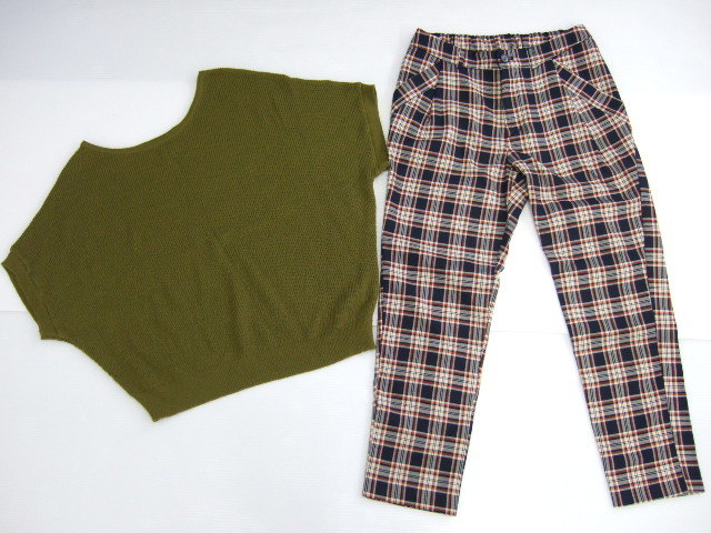 【お買得!】★ドルマンニット&八分丈パンツ2点セット★①Shelley/カーキ/M/日本製 ②chocol raffine robe/タータンチェック/紺/M拍卖