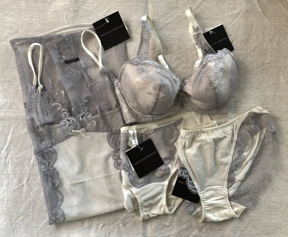 未使用 タグ付き LANGELIQUE/ランジェリーク D65 M M 80サイズ ブラジャー&ショーツ2枚&スリップのセット レース グレー系拍卖