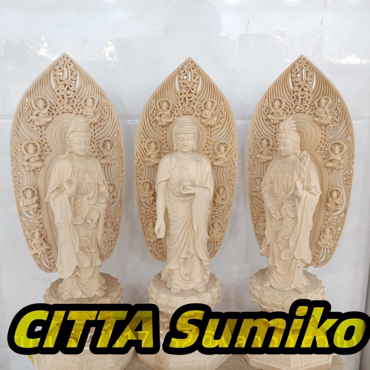 仏教美術 木造 西方三聖 置物 立像 観音菩薩 阿弥陀如来 勢至菩薩 高さ43cm拍卖