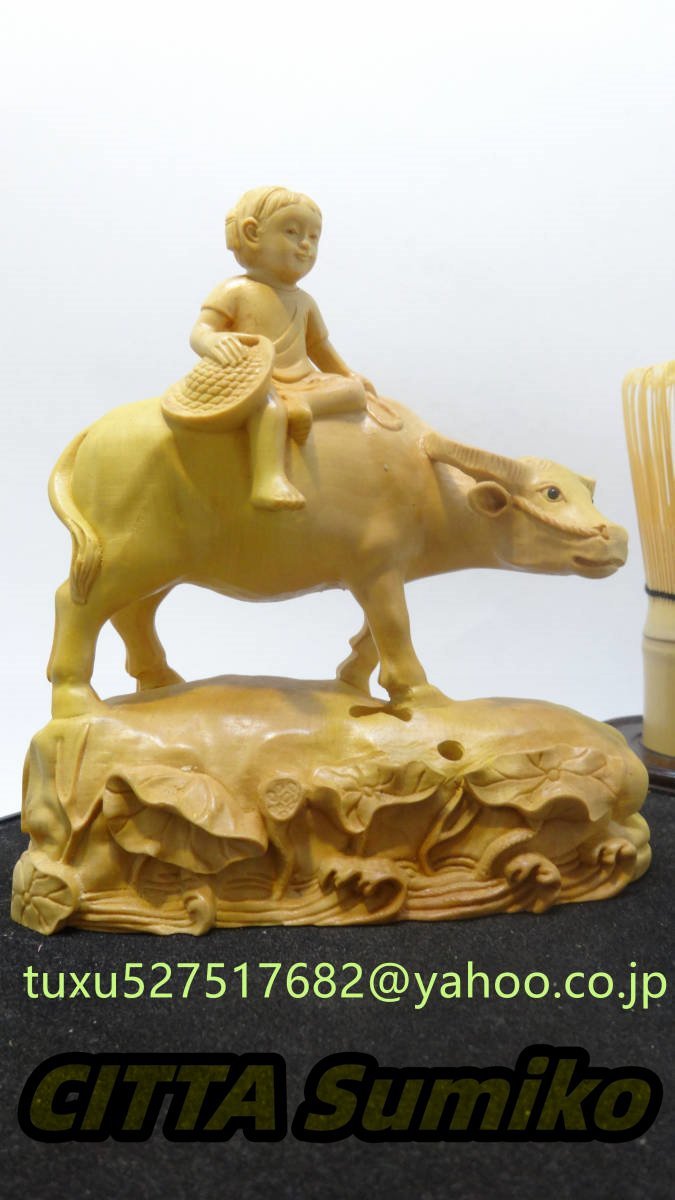 木彫り 牛 置物 牛 オブジェ 置物 動物 干支 牛乗 童女拍卖