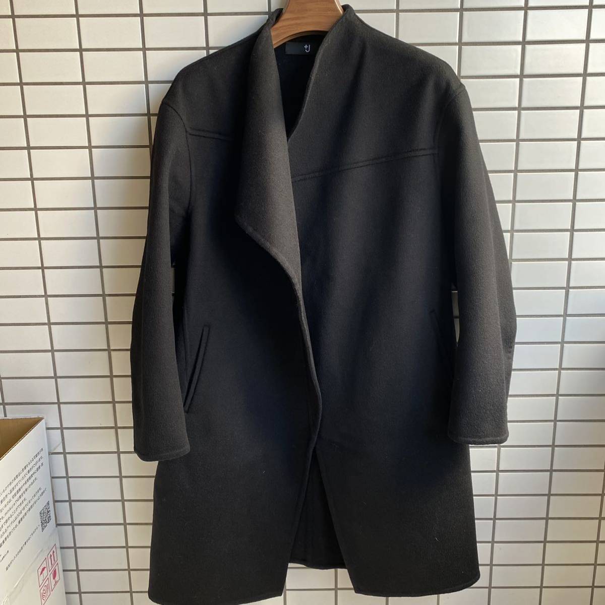 UNIQLO JIL SANDER +J ユニクロ ジルサンダー プラスジェイ カシミヤブレンドノーカラーコート M ブラック ウール ラップコート 432598拍卖
