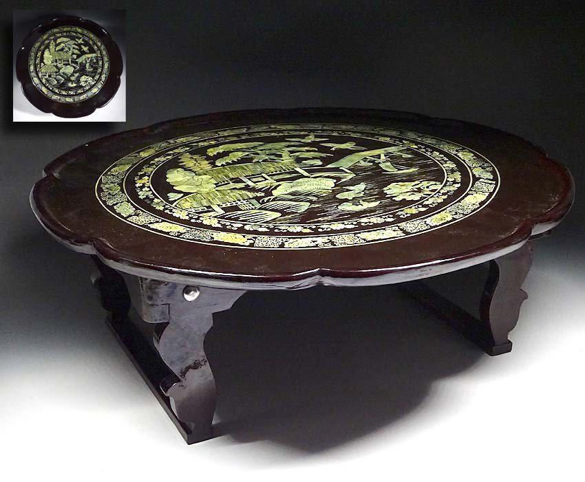 既決 朝鮮美術 螺鈿 足付膳 折り畳み式 美品 螺鈿細工 座卓 木製拍卖