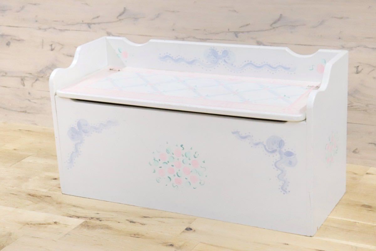 GMGH413○収納ボックス おもちゃ箱 ベビー家具 キッズ家具 バラ柄 リボン カントリー メルヘン 輸入雑貨 アメリカ製 アンティーク拍卖