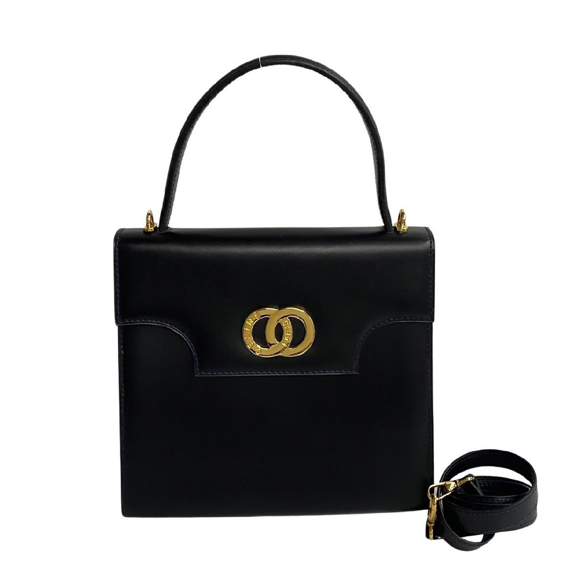 ほぼ未使用 CELINE セリーヌ サークルロゴ 金具 カーフ レザー 本革 2way ハンドバッグ トートバッグ ショルダーバッグ ネイビー 22399拍卖