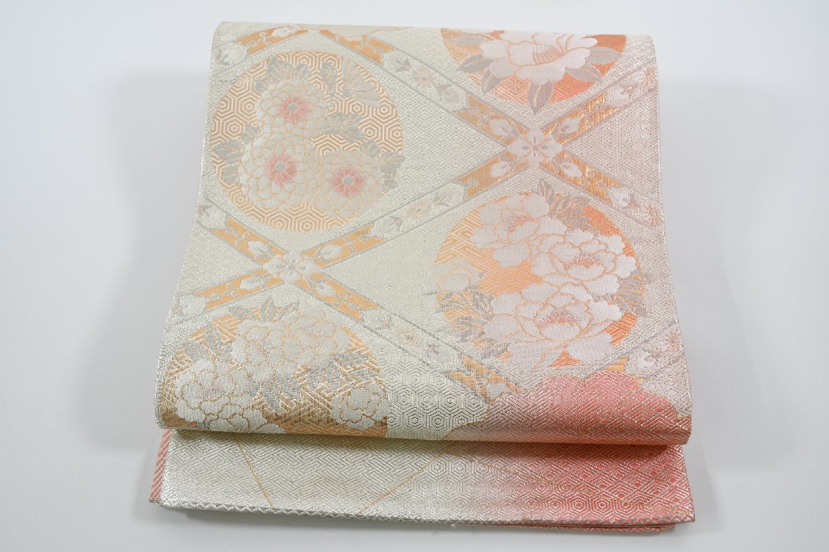 袋帯 未仕立て 六通柄 花 丸文 帯丈434cm ★着物屋 ne-7644 桜庭呉服店拍卖