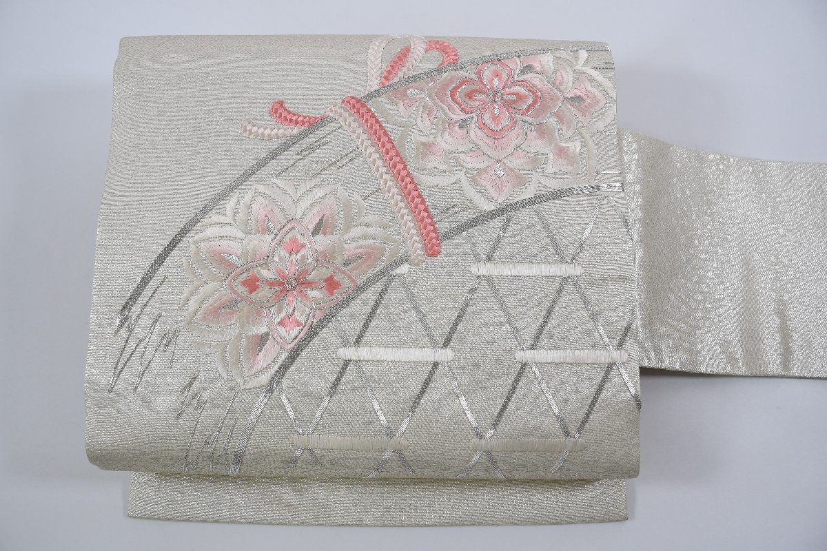 名古屋帯 竹 花 銀糸 帯丈360cm ★着物屋 ne-7757 桜庭呉服店拍卖