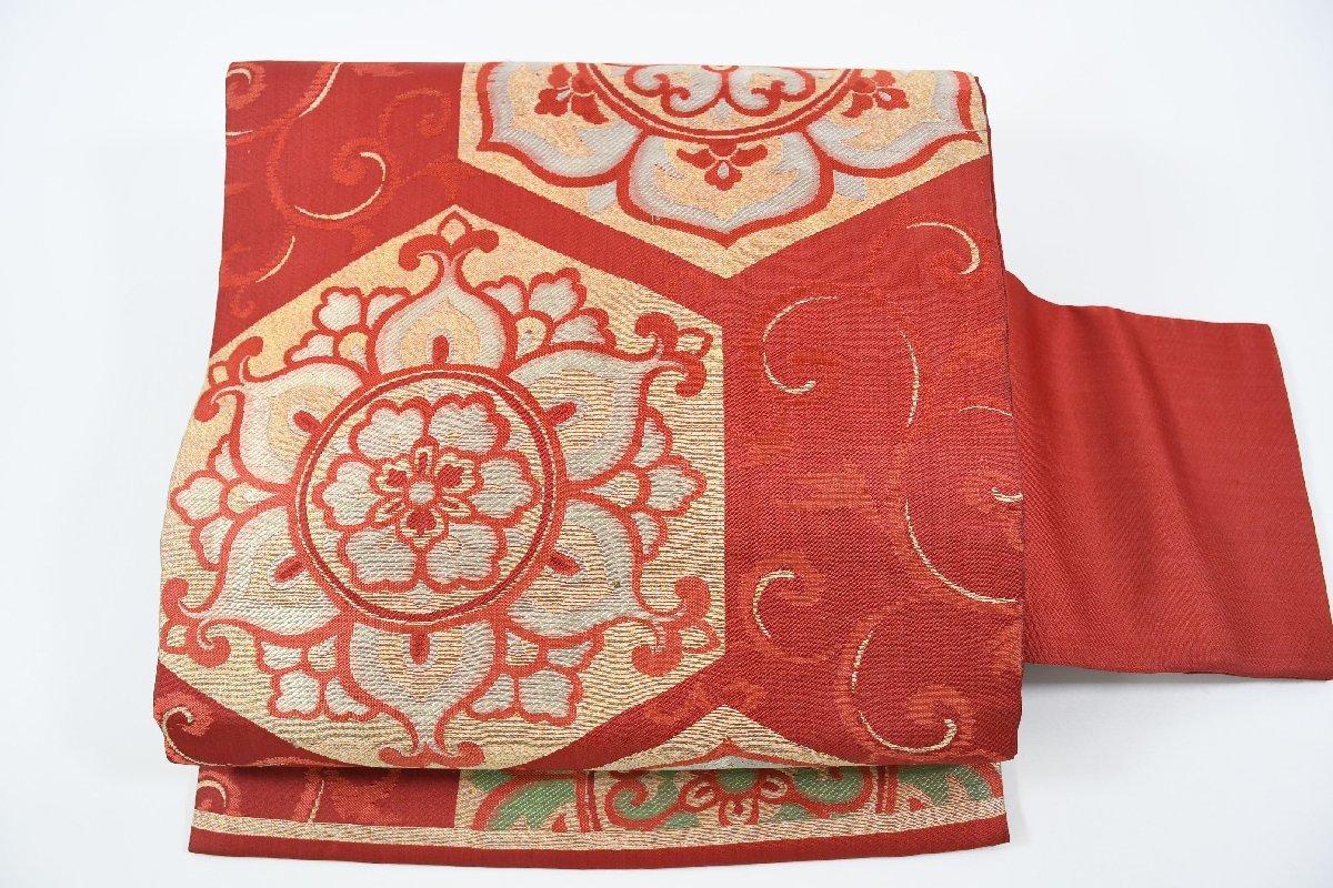 名古屋帯 アンティーク 亀甲 花 帯丈334cm ★着物屋 ne-7793 桜庭呉服店拍卖