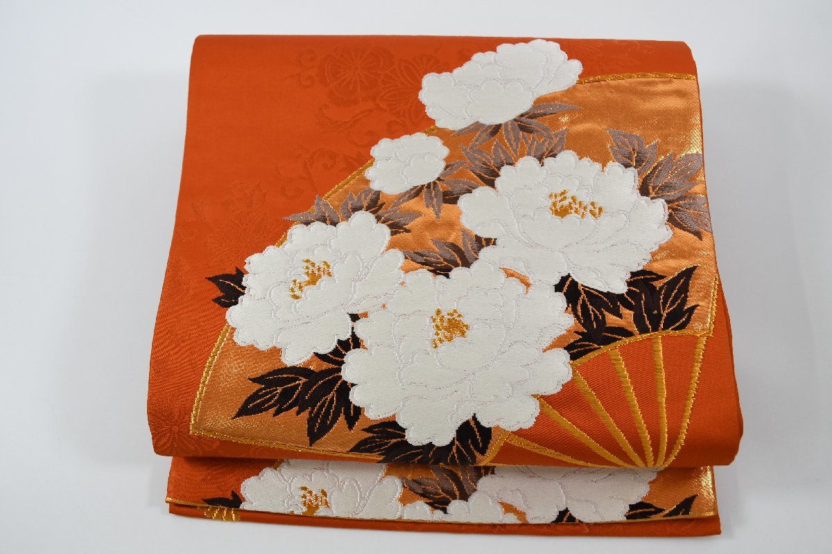 袋帯 未仕立て 六通柄 有織雅扇 花 帯丈430cm ★着物屋 ne-8041 桜庭呉服店拍卖