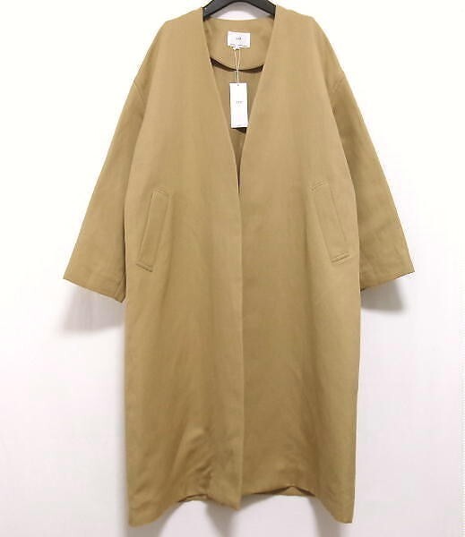 新品★23区★コットンリネンカルゼ ノーカラーコート★11号40★キャメル★春アウター拍卖