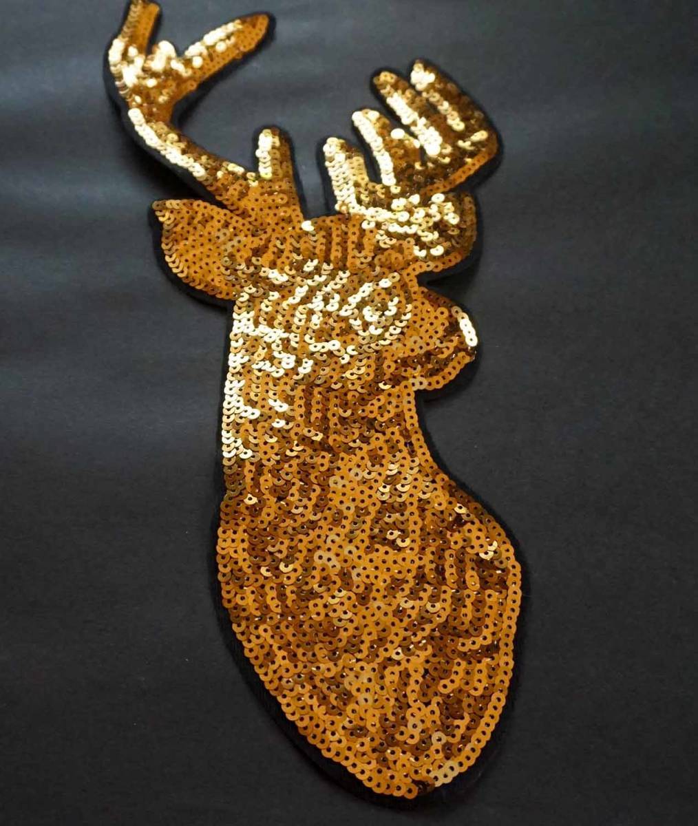 《特大☆金輝鹿》■『スパンコール加工』■新品『金鹿』 DEER シカ芸術 アート 豪華 ゴージャス 刺繍ワッペン■激渋■ 洋服・衣類・衣服DIY拍卖