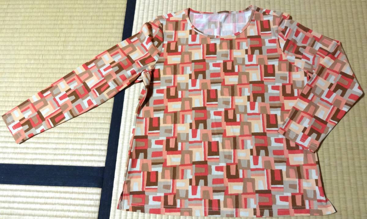 少し着用、長袖オレンジ系幾何学模様の長袖カットソー、サイズL、㈱レナウン、Addenda、ポリエステル100%、日本製拍卖