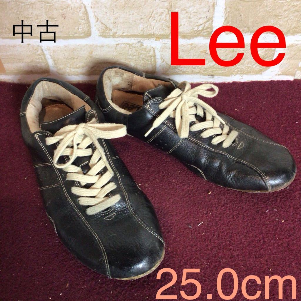 【売り切り!送料無料!】A-344 Lee!レザースニーカー!25.0cm!黒!ブラック!カジュアル!おしゃれ!ショッピング!旅行!中古!拍卖