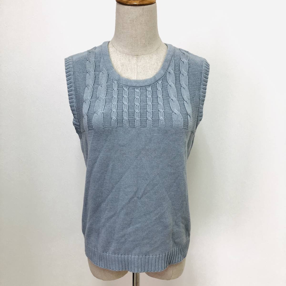 k3276 美品 LB ニット ベスト 綿混 ケーブル編み 薄手 水色系 グレー系 レディース シンプル ナチュラル 上品 エレガントガーリーチック拍卖