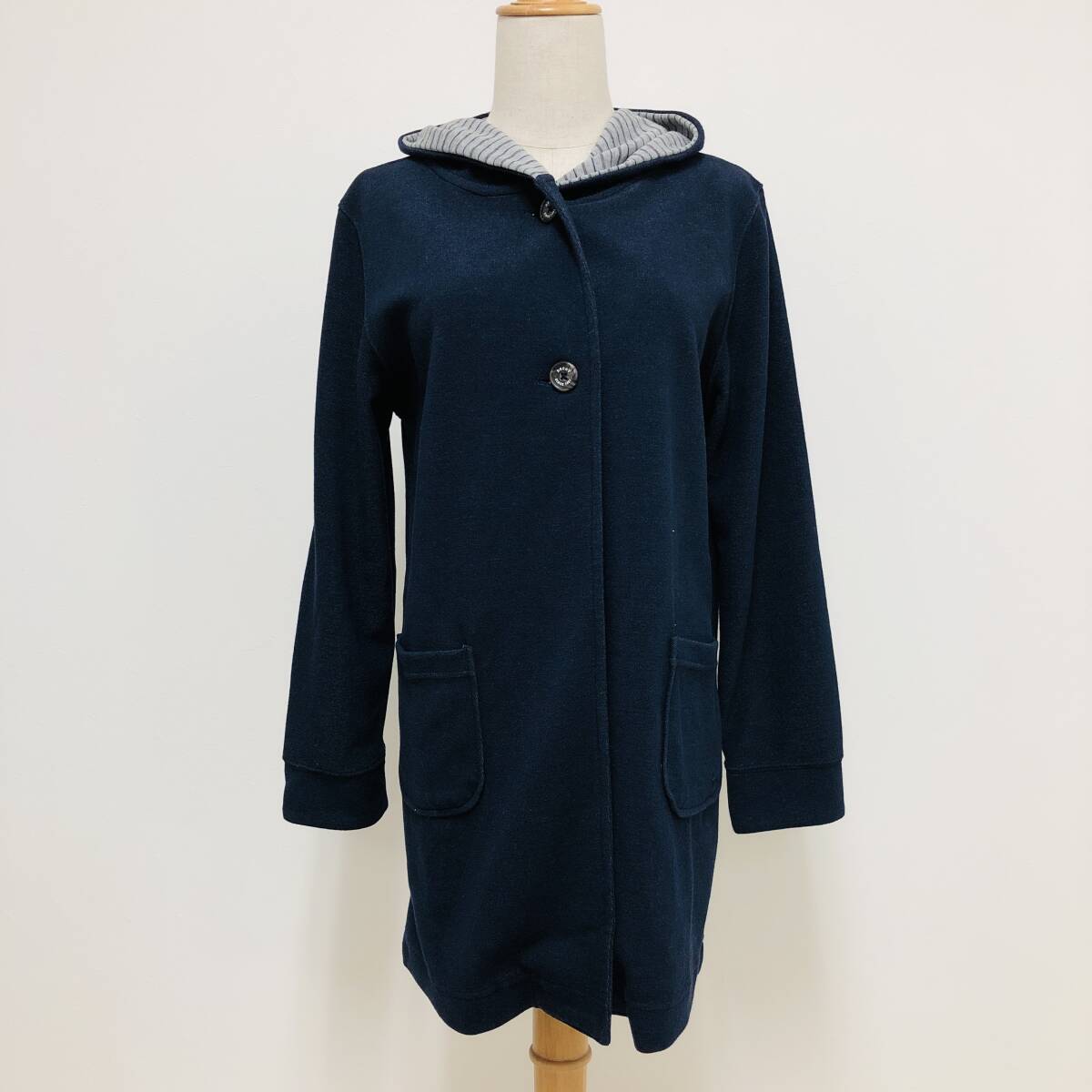 k3361 美品 DECOY レディース コート M ネイビー フード付き アウター 2ポケット 綿混 ナチュラル 万能 人気 シンプルデイリーカジュアル拍卖