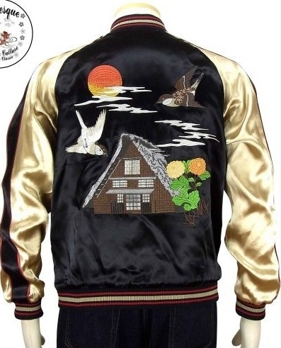 花旅楽団/雀と藁葺き屋根の家/スカジャン/ブラウン/XXL/3rsj-034/ジャパネスク/サトリ拍卖