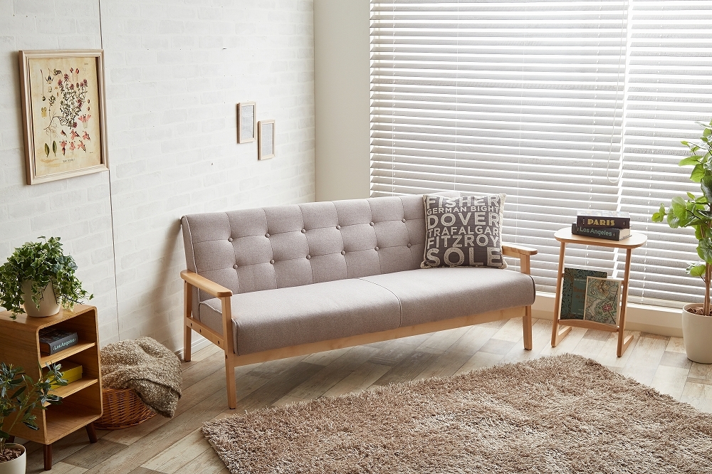 ミッドセンチュリーデザイン3人掛けソファ 布 グレー色 肘付き拍卖