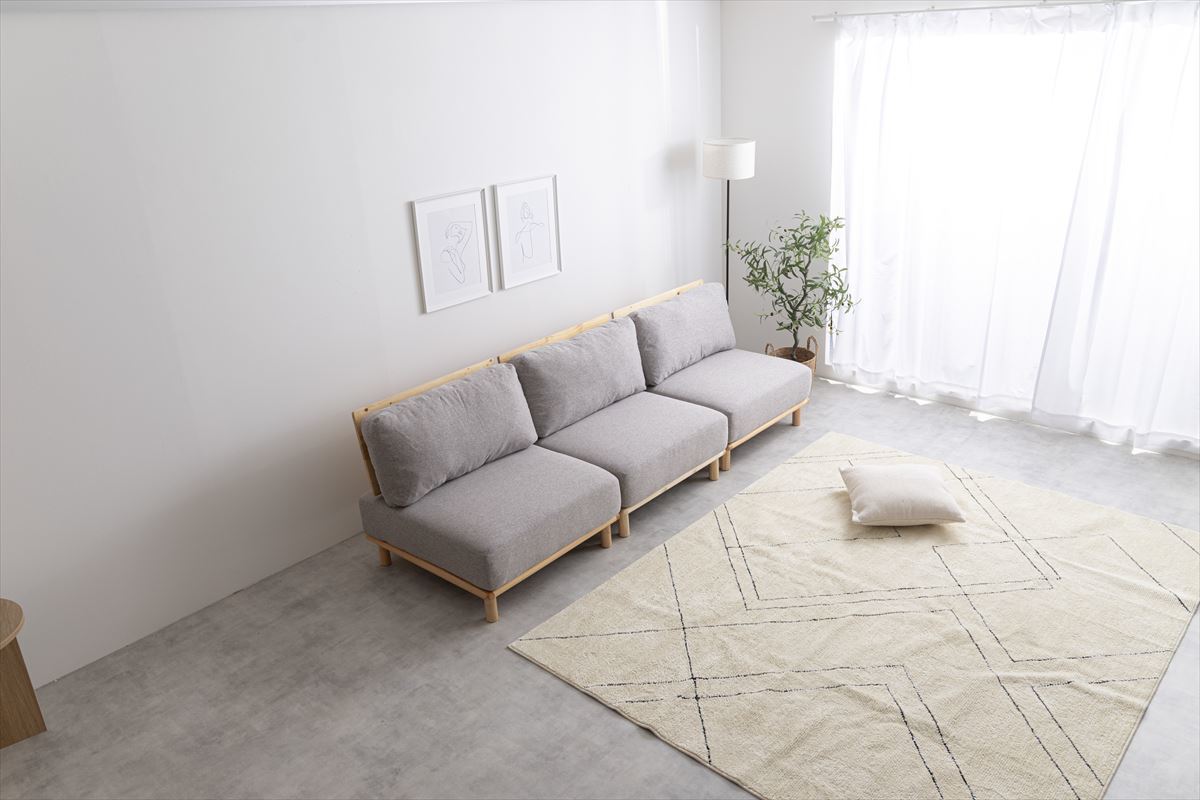 3人掛ソファー 布張り 肘無 幅240 ファブリックローソファ3脚 グレー色拍卖