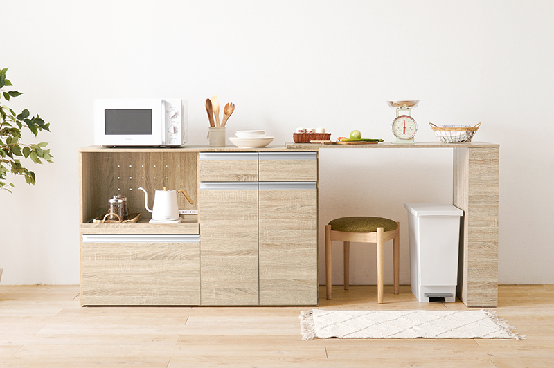 伸縮タイプのキッチンカウンター レンジ台 幅133~207cm ナチュラル色拍卖