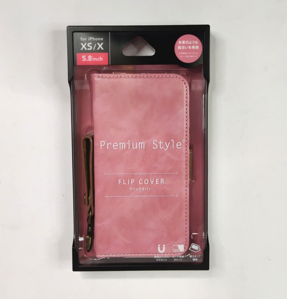 【送料無料】PGA iPhone XS / X 用フリップカバー PUレザーダメージ加工 ダスティピンク(マグネットロック機能 ストラップリング付)拍卖