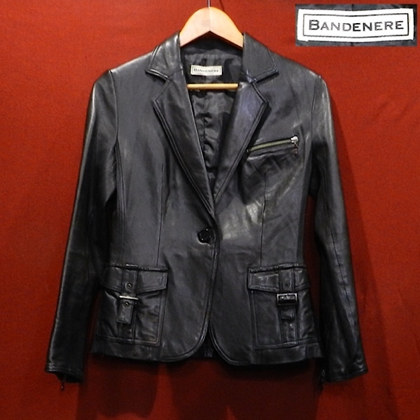 BANDENERE 羊革 ラムレザー シープスキン デザイン テーラード ブレザー ライダース ドレスジャケット 黒 レディース 38 / M拍卖