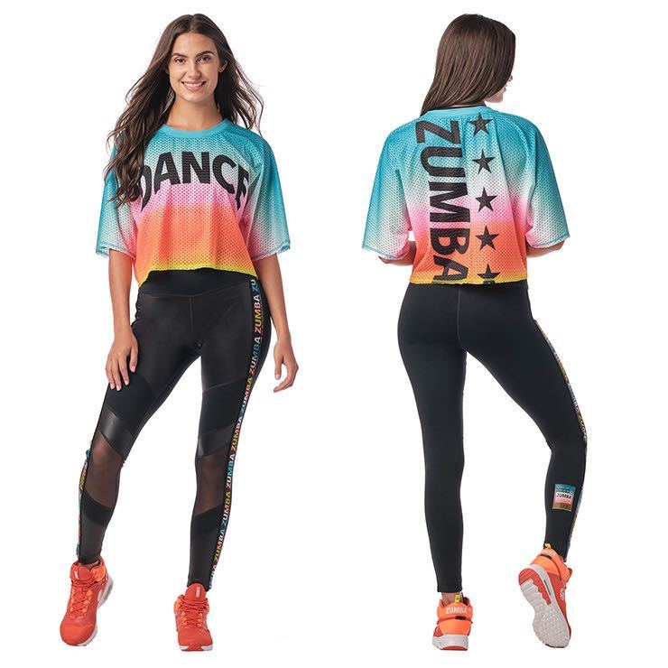 ZUMBA Dance In Color Top ズンバ メッシュ カラフル Tシャツ カットソー 水色×ピンク×オレンジ拍卖